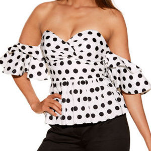 Polka dot poplin off-the-shoulder top